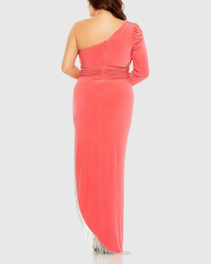 Long Sleeve One Shoulder Fringe Embellished Gown Watermelon Plus Size Dresses Mac Duggal Women