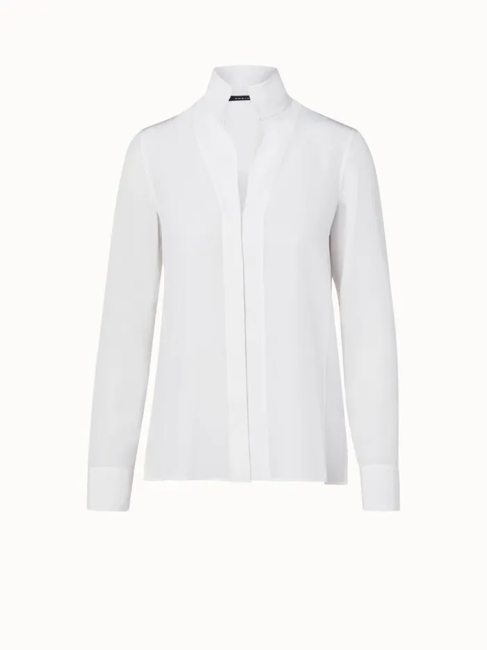 Long Sleeve Silk Crpe Blouse With Standup Collar White Women Akris Blouses