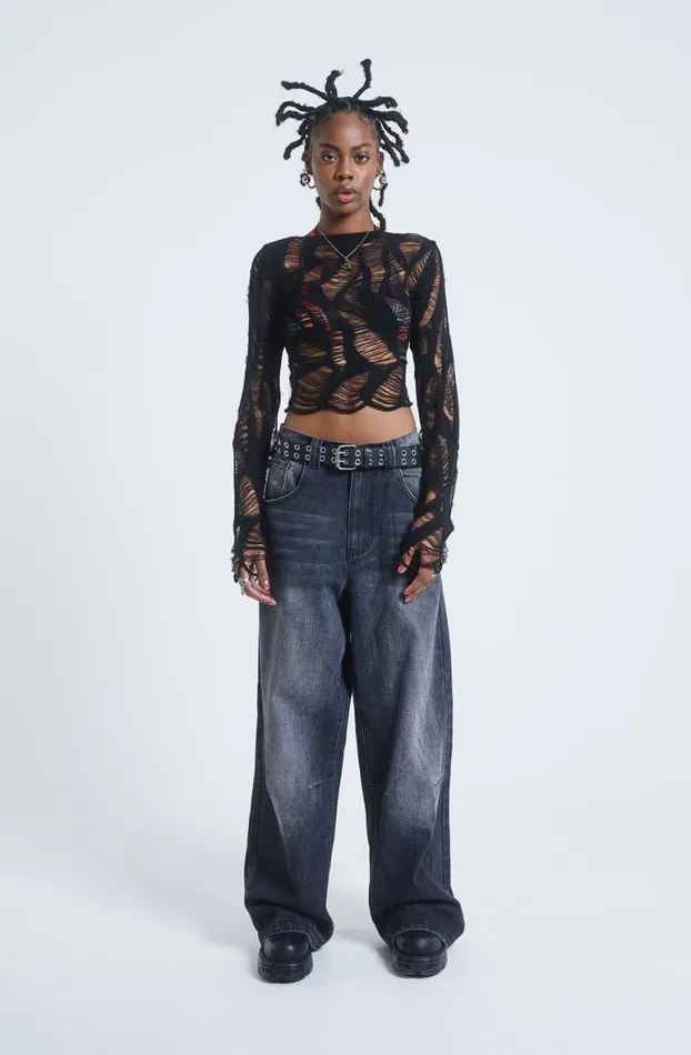 Long Sleeve Tops Women Jaded London Umbra In Distress Shredded Top