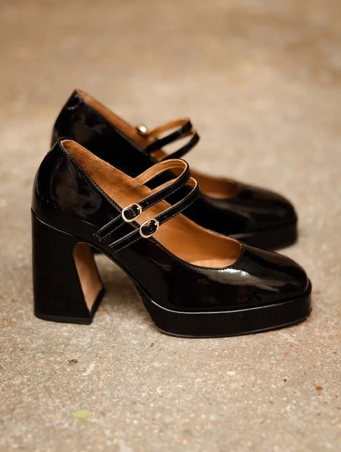 Louise Lacquered Black Women Bobbies Platforms and Clogs