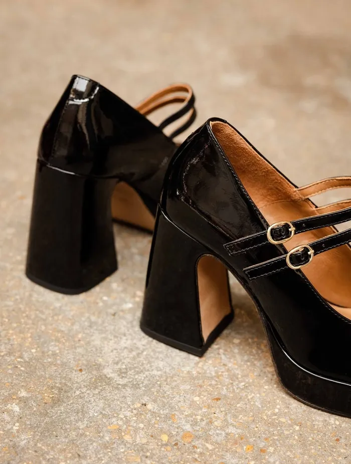 Louise Lacquered Black Women Bobbies Platforms and Clogs