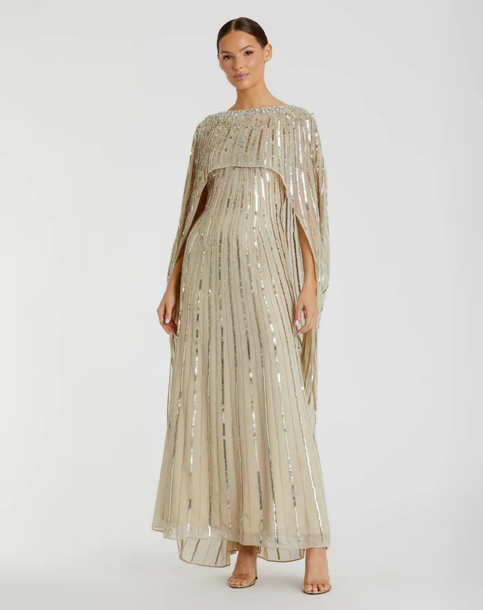 Mac Duggal Best Sellers Women Embellished Column Cape Dress Champagne