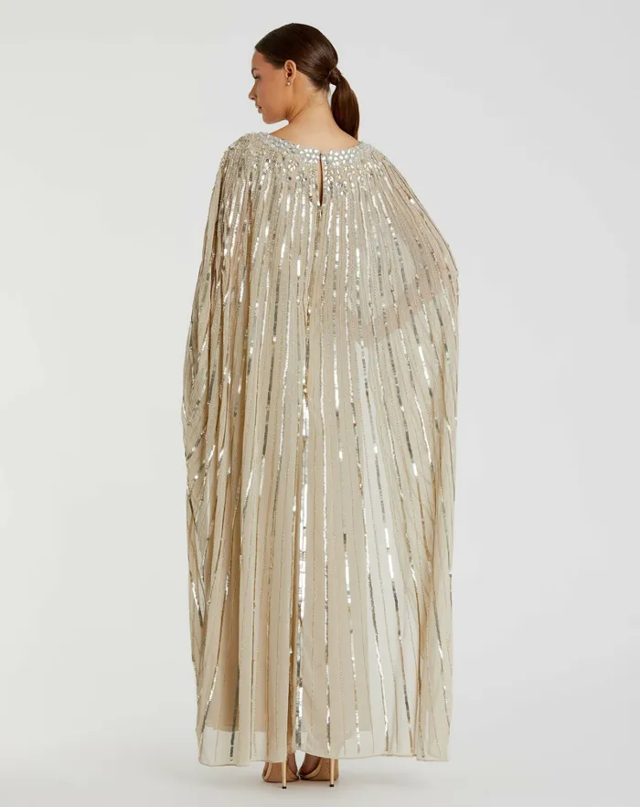 Mac Duggal Best Sellers Women Embellished Column Cape Dress Champagne