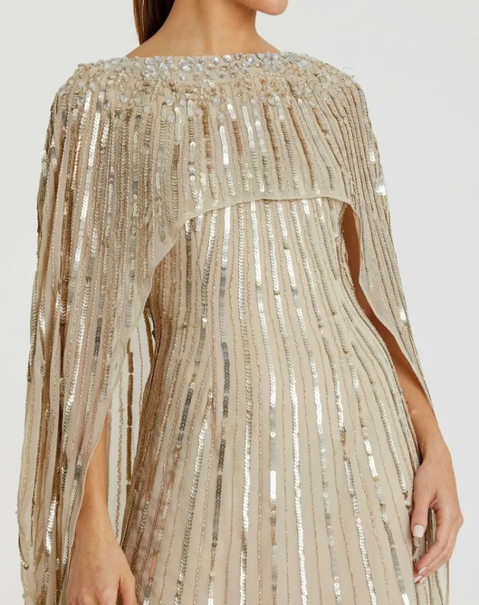Mac Duggal Best Sellers Women Embellished Column Cape Dress Champagne