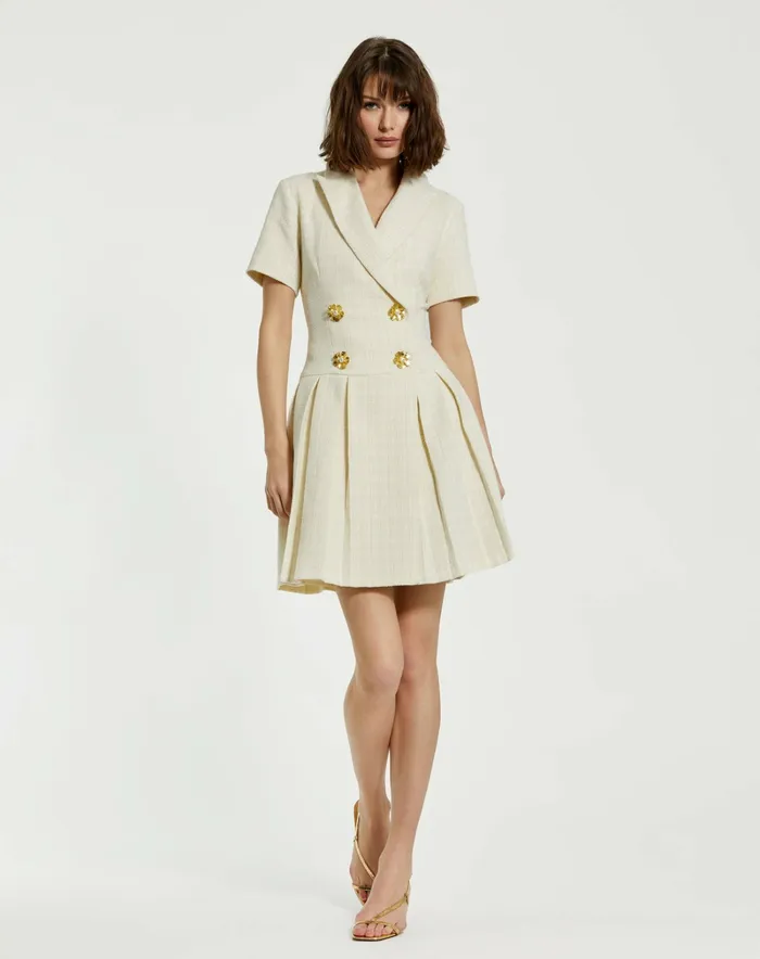 Mac Duggal Daytime Dresses Women Tweed Short Sleeve Blazer Mini Dress Cream