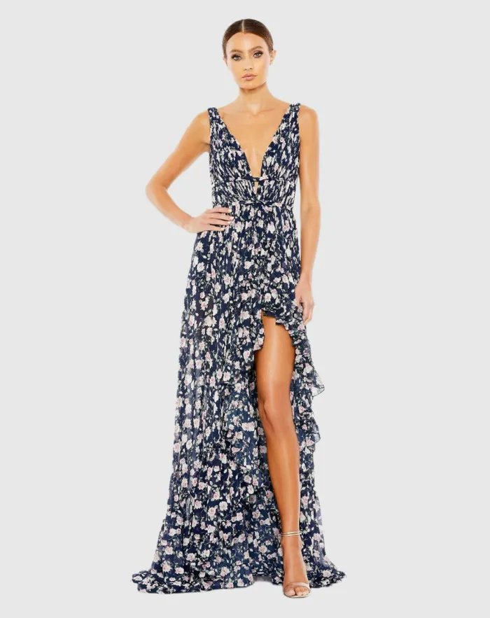 Mac Duggal Floral Print Sleeveless Ruffled HighLow Gown Pink Multi Women Daytime Dresses