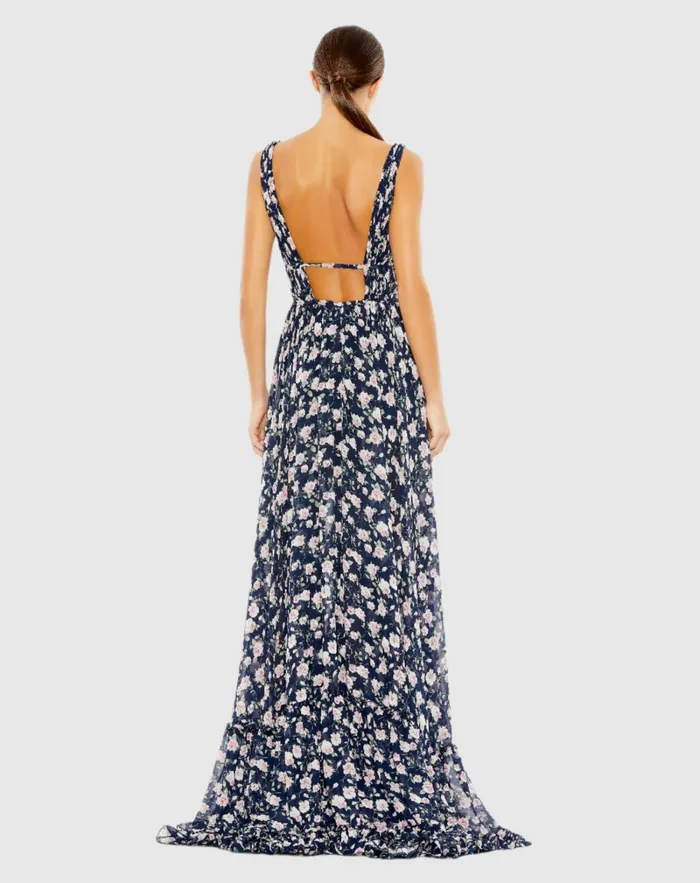 Mac Duggal Floral Print Sleeveless Ruffled HighLow Gown Pink Multi Women Daytime Dresses