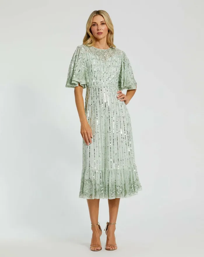 Mac Duggal Flounce Sleeve Midi Dress Sage Women Cocktail Dresses