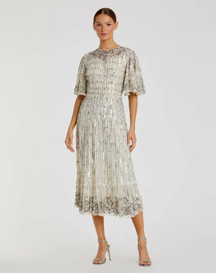 Mac Duggal Flounce Sleeve Midi Dress Sage Women Cocktail Dresses