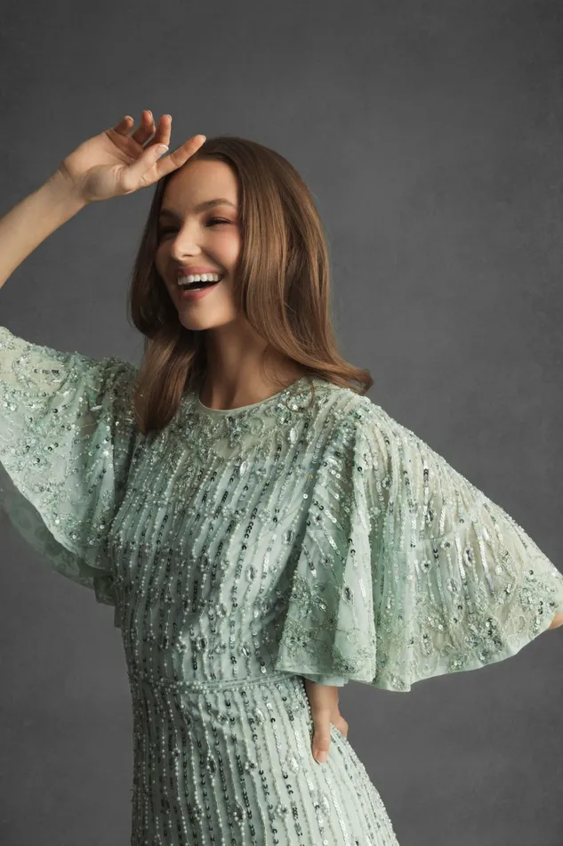 Mac Duggal Flounce Sleeve Midi Dress Sage Women Cocktail Dresses
