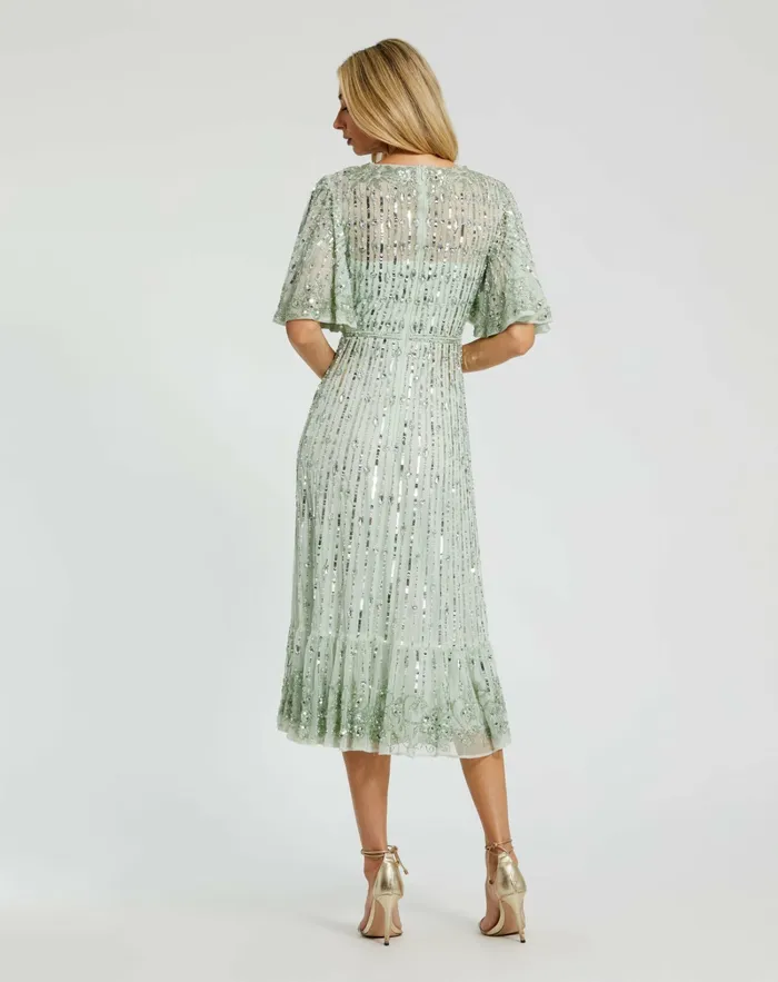 Mac Duggal Flounce Sleeve Midi Dress Sage Women Cocktail Dresses