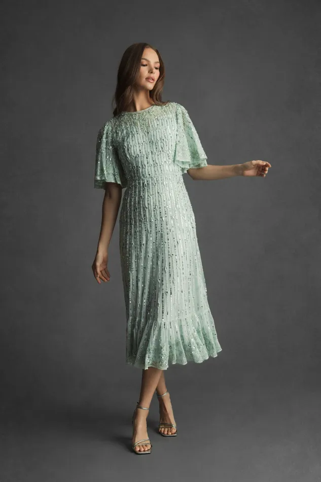 Mac Duggal Flounce Sleeve Midi Dress Sage Women Cocktail Dresses