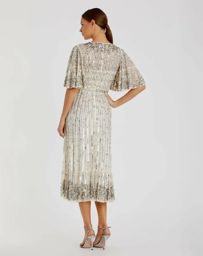 Mac Duggal Flounce Sleeve Midi Dress Sage Women Cocktail Dresses