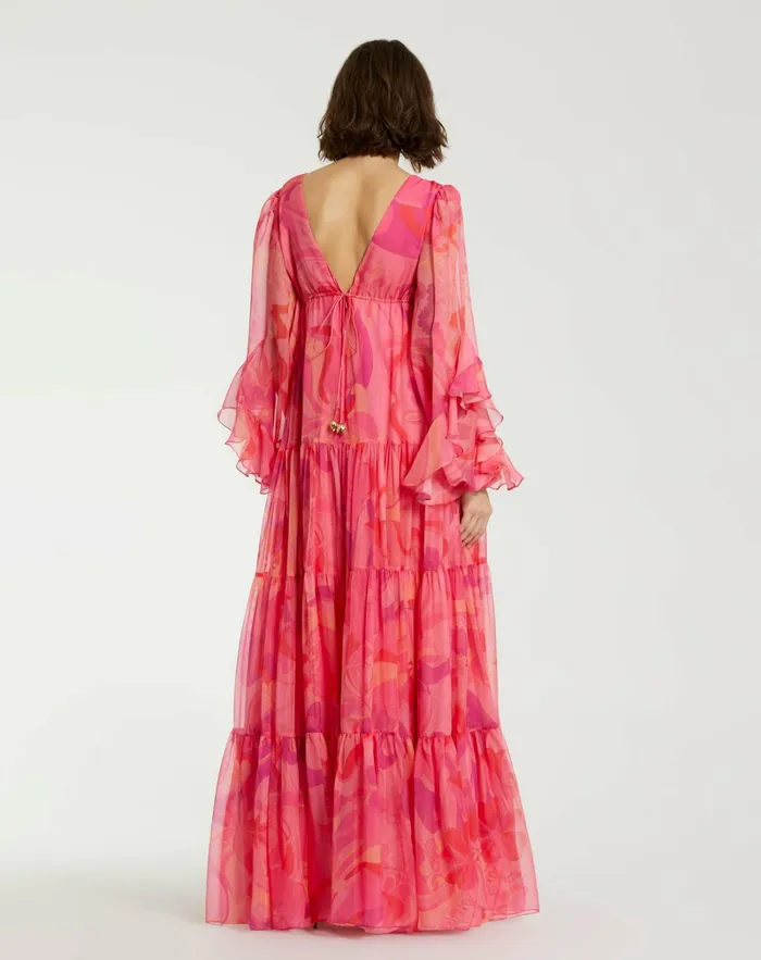 Mac Duggal Hibiscus Printed Chiffon Ruffle Long Sleeve V Neck Maxi Dress Hibiscus Multi Women Every Day Dresses