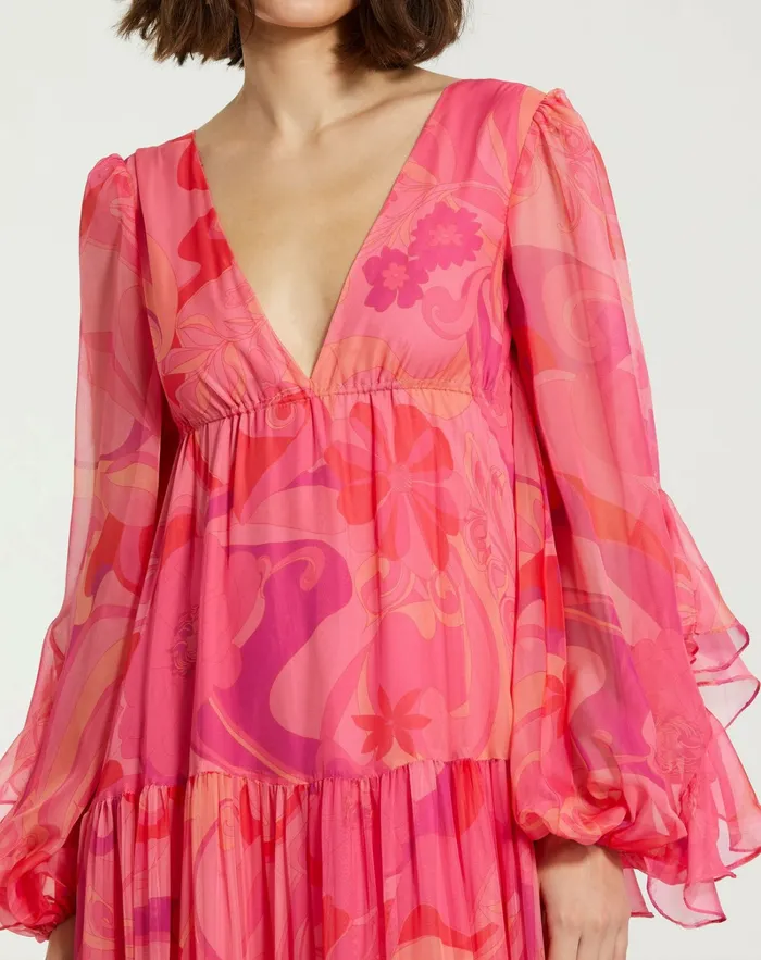Mac Duggal Hibiscus Printed Chiffon Ruffle Long Sleeve V Neck Maxi Dress Hibiscus Multi Women Every Day Dresses