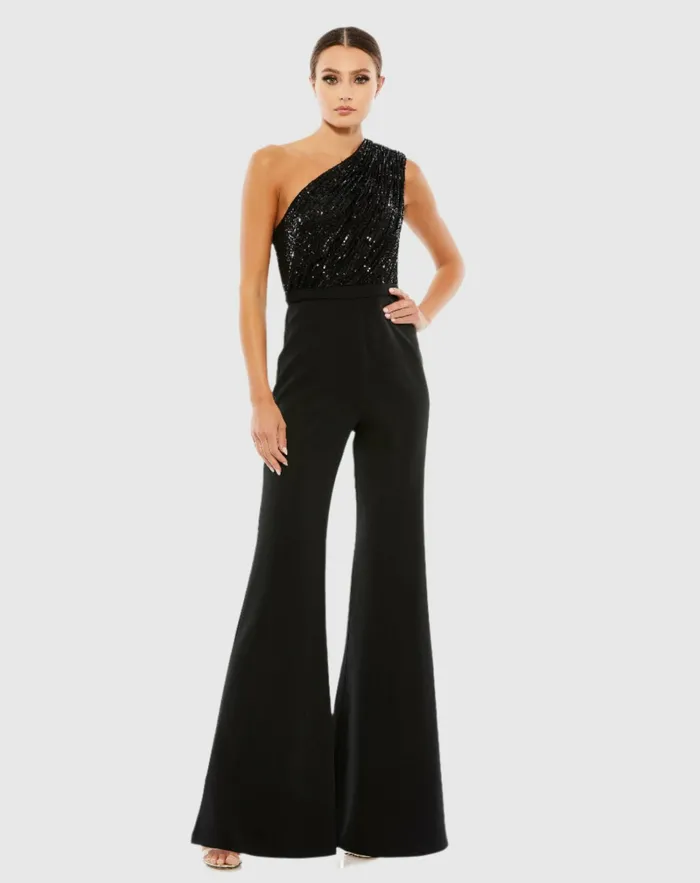 Mac Duggal Jumpsuits and Rompers Women Sequined One Shoulder Jumpsuit 8211 FINAL SALE Black