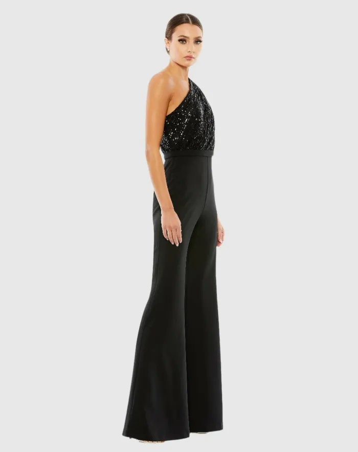 Mac Duggal Jumpsuits and Rompers Women Sequined One Shoulder Jumpsuit 8211 FINAL SALE Black