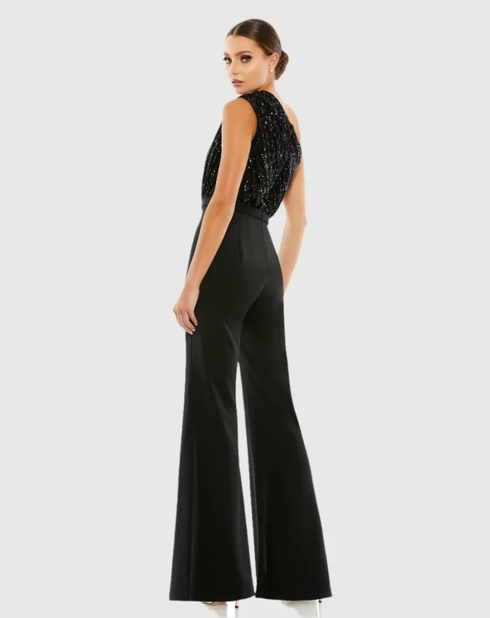Mac Duggal Jumpsuits and Rompers Women Sequined One Shoulder Jumpsuit 8211 FINAL SALE Black