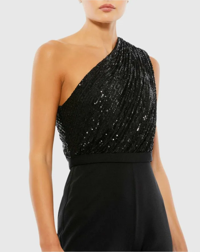 Mac Duggal Jumpsuits and Rompers Women Sequined One Shoulder Jumpsuit 8211 FINAL SALE Black