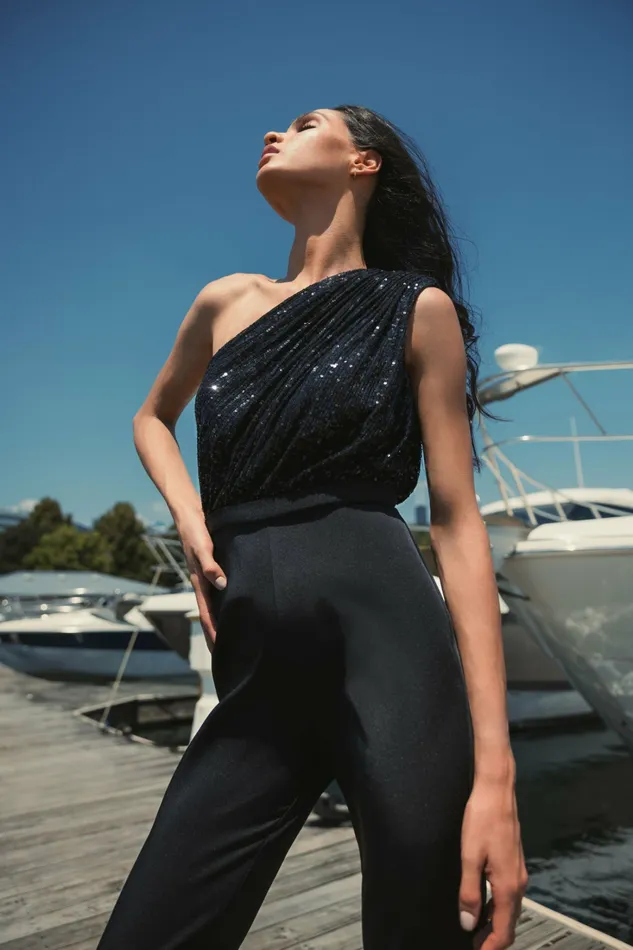 Mac Duggal Jumpsuits and Rompers Women Sequined One Shoulder Jumpsuit 8211 FINAL SALE Black
