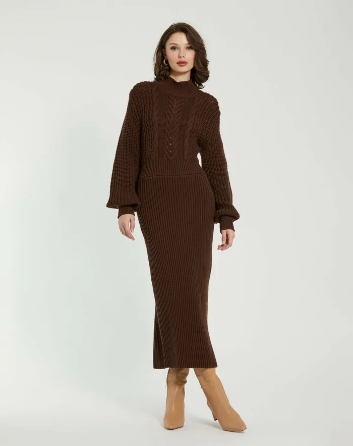 Mac Duggal Long Sleeve Turtle Neck Knit Midi Dress Chocolate Women Best Sellers