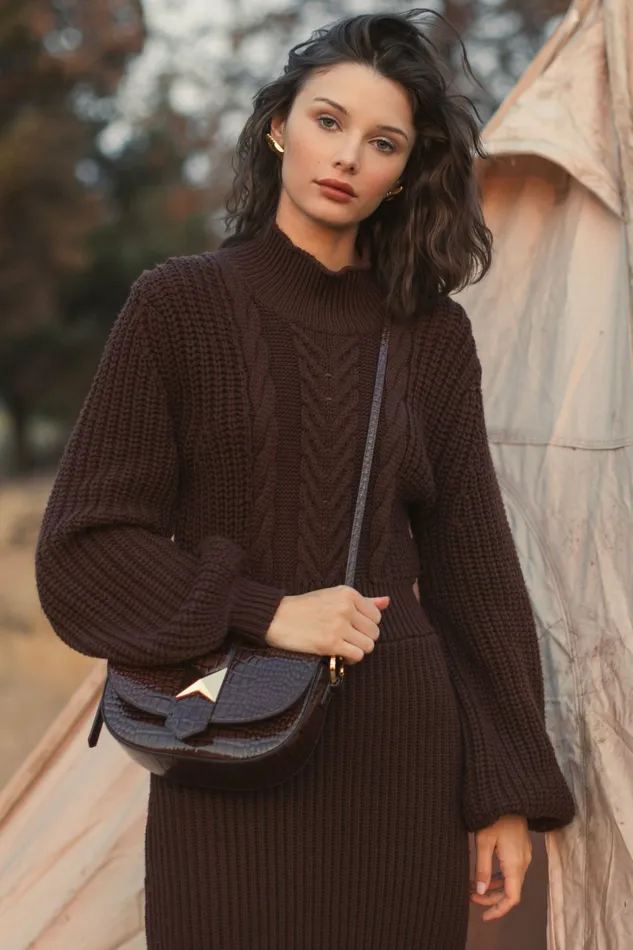Mac Duggal Long Sleeve Turtle Neck Knit Midi Dress Chocolate Women Best Sellers