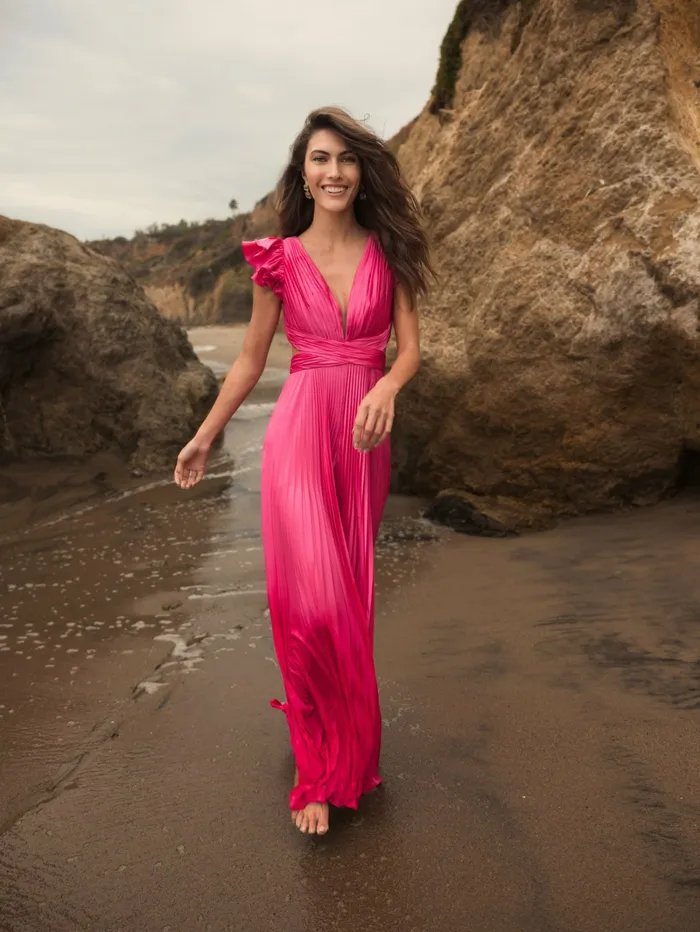 Mac Duggal Pink Ruffle Cap Sleeve Cutout Heat Pleated Jumpsuit Candy Pink Women Jumpsuits and Rompers