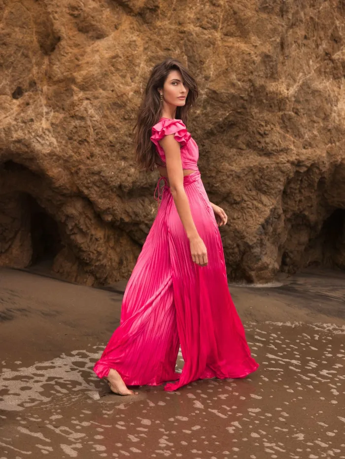 Mac Duggal Pink Ruffle Cap Sleeve Cutout Heat Pleated Jumpsuit Candy Pink Women Jumpsuits and Rompers
