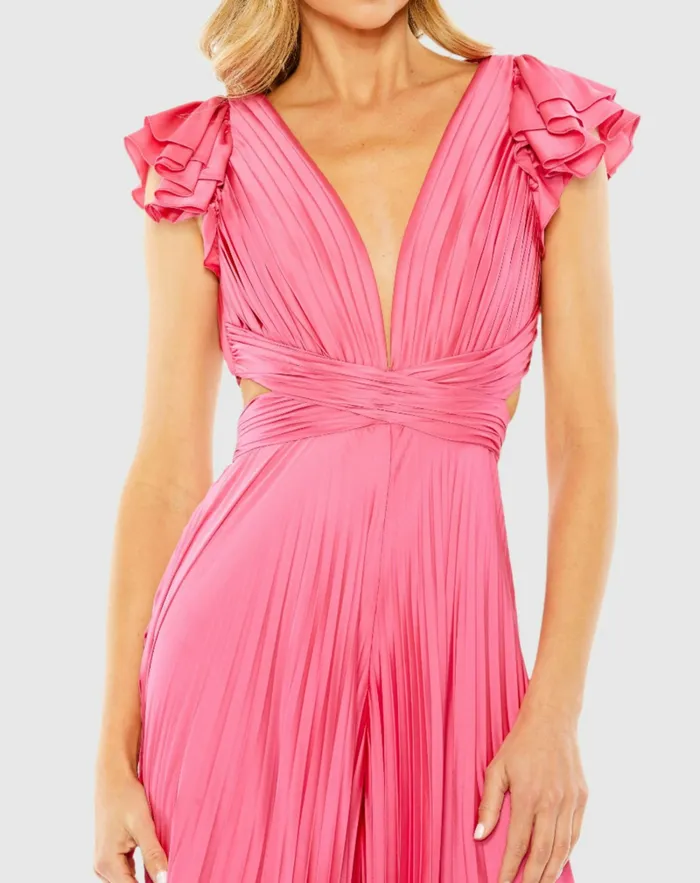 Mac Duggal Pink Ruffle Cap Sleeve Cutout Heat Pleated Jumpsuit Candy Pink Women Jumpsuits and Rompers