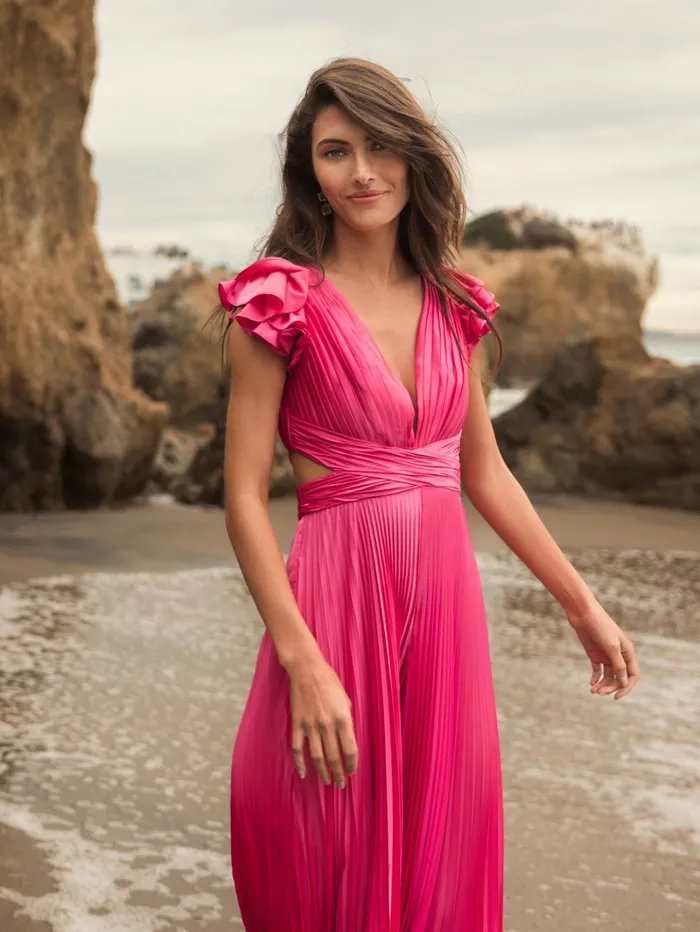 Mac Duggal Pink Ruffle Cap Sleeve Cutout Heat Pleated Jumpsuit Candy Pink Women Jumpsuits and Rompers