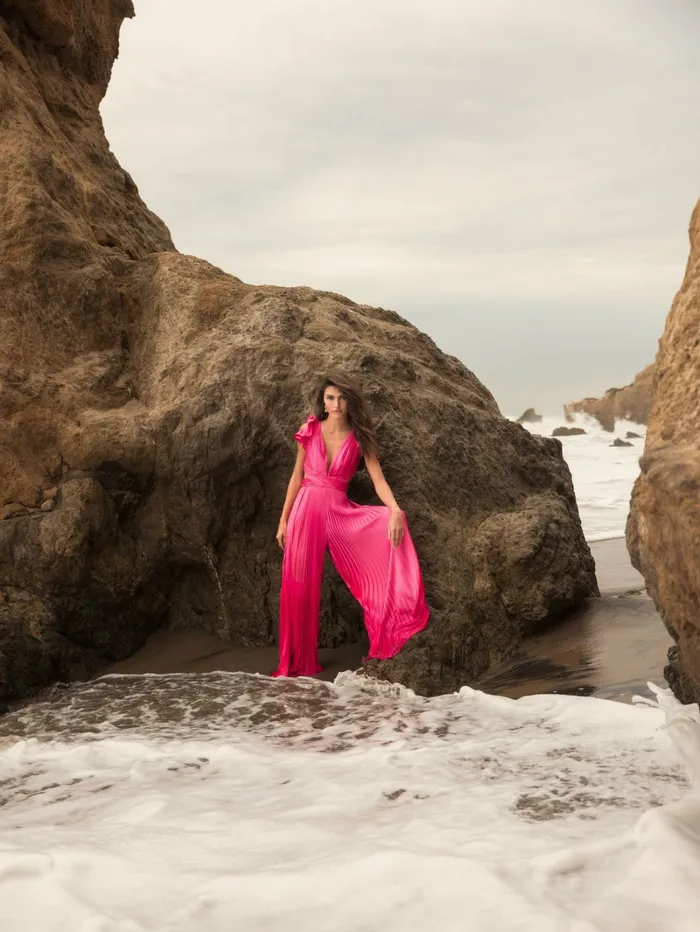 Mac Duggal Pink Ruffle Cap Sleeve Cutout Heat Pleated Jumpsuit Candy Pink Women Jumpsuits and Rompers