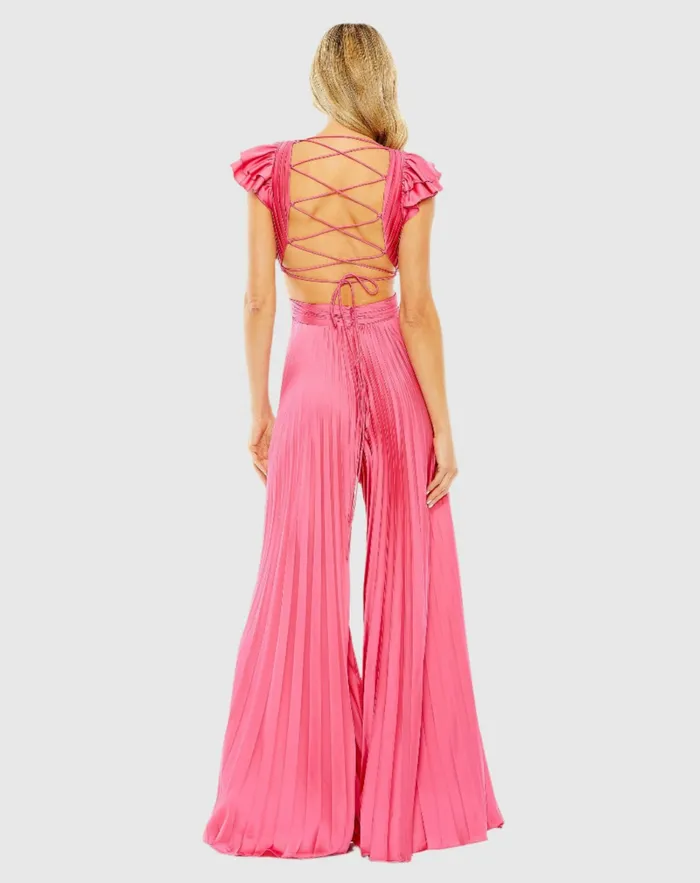 Mac Duggal Pink Ruffle Cap Sleeve Cutout Heat Pleated Jumpsuit Candy Pink Women Jumpsuits and Rompers
