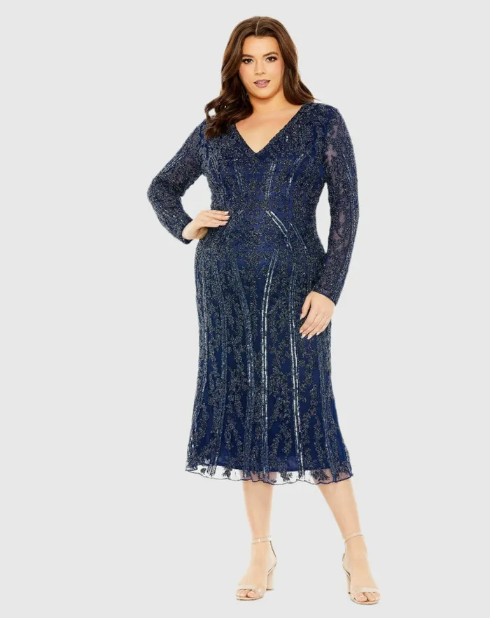 Mac Duggal Plus Size Dresses Women Long Sleeve Embellished Dress Midnight