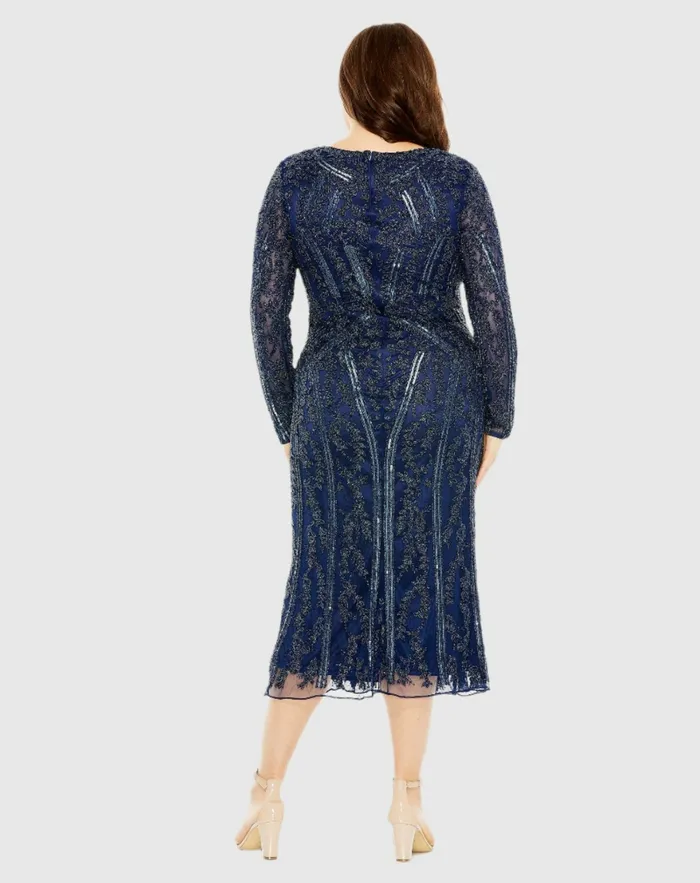Mac Duggal Plus Size Dresses Women Long Sleeve Embellished Dress Midnight