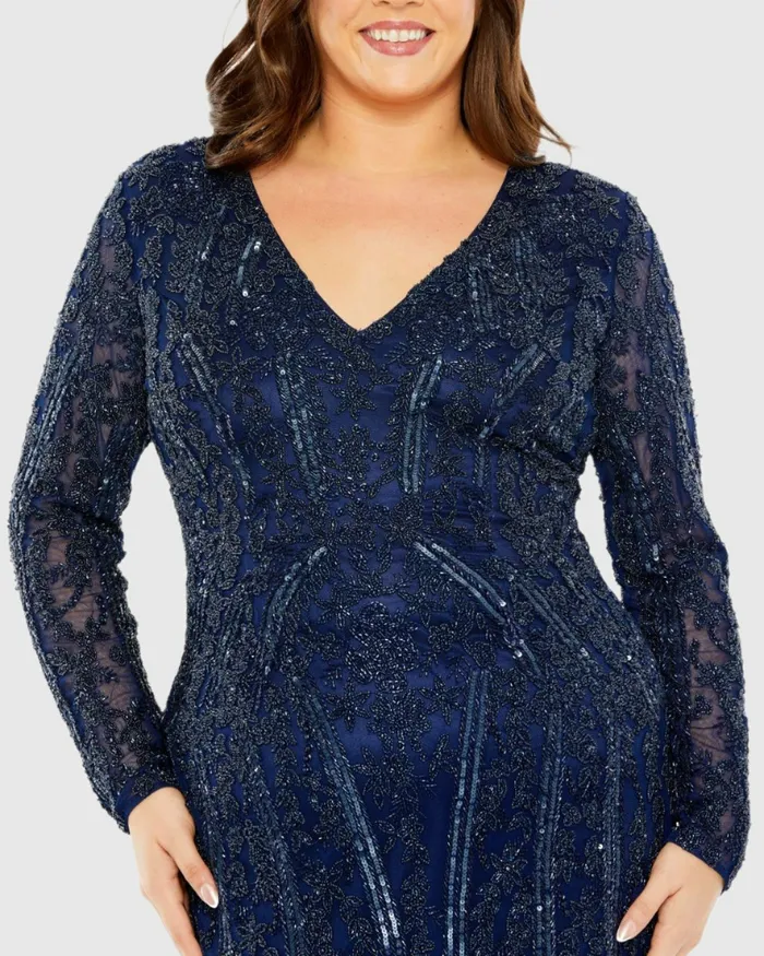 Mac Duggal Plus Size Dresses Women Long Sleeve Embellished Dress Midnight