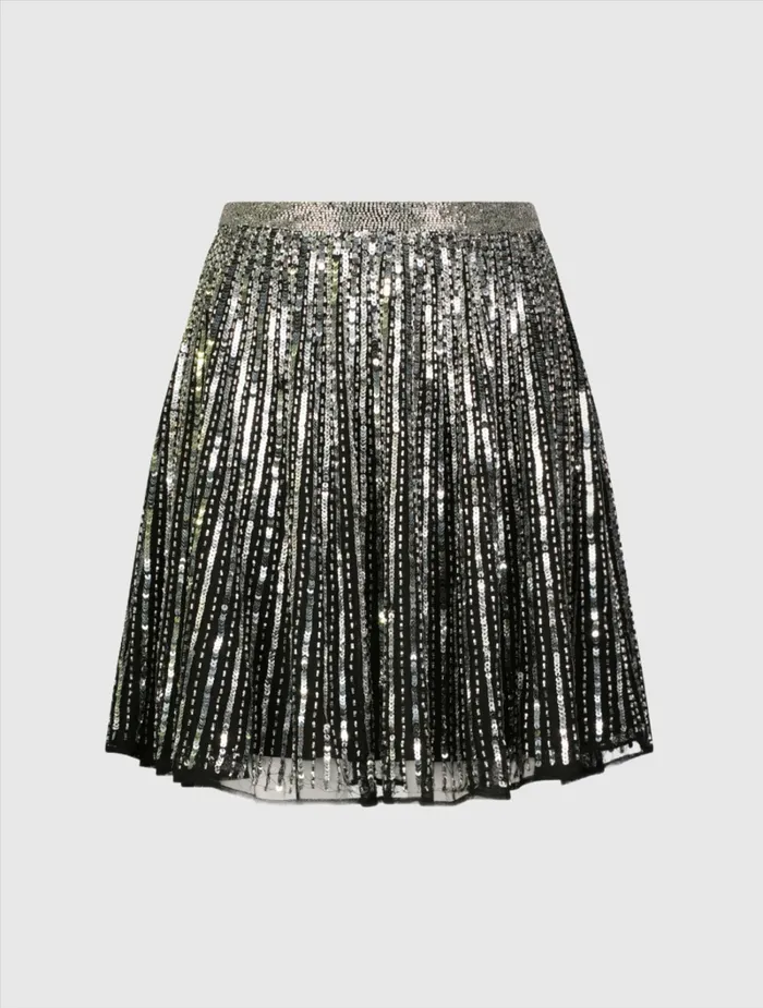 Mac Duggal Sequin Embellished Chiffon Aline Mini Skirt Black Silver Women Skirts