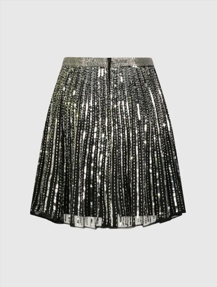 Mac Duggal Sequin Embellished Chiffon Aline Mini Skirt Black Silver Women Skirts