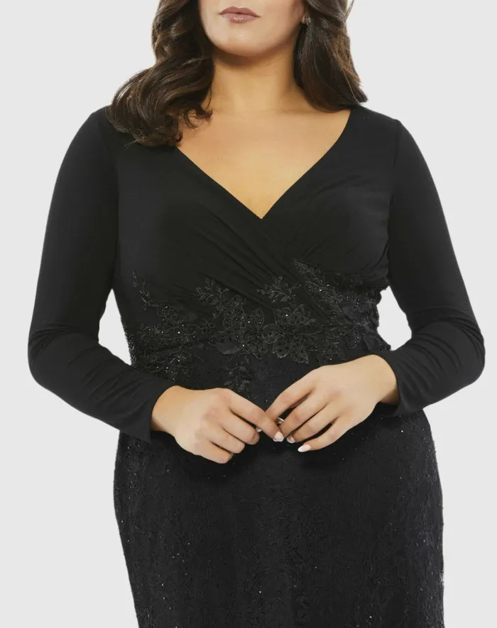 Mac Duggal WrapOver Long Sleeve Lace Applique Trumpet Gown Plus BLACK Women Plus Size Dresses