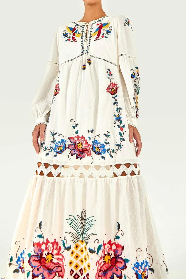 Macaw Cross Stitch Embroidered Maxi Dress Women Farm Rio Maxi Dresses