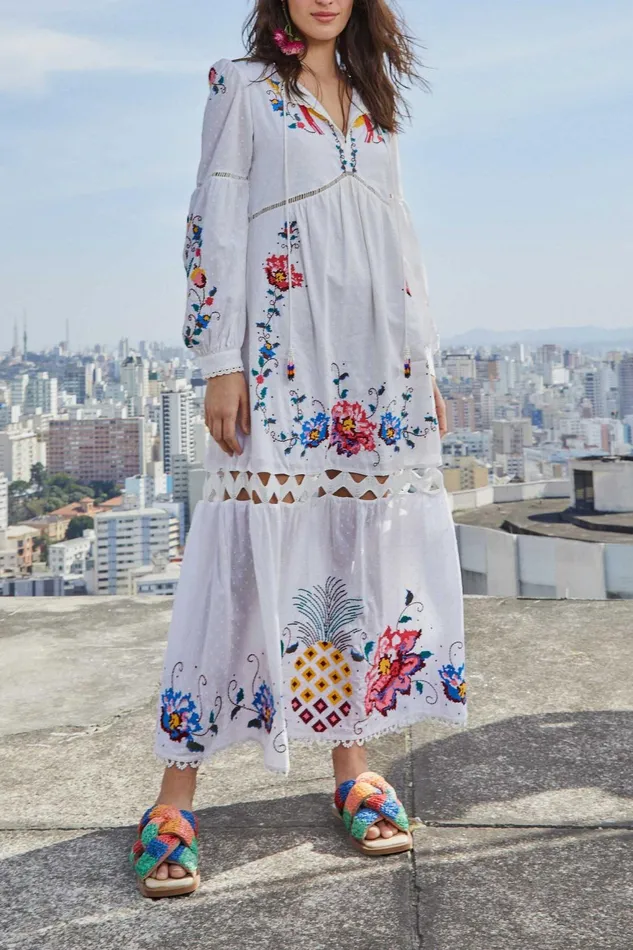 Macaw Cross Stitch Embroidered Maxi Dress Women Farm Rio Maxi Dresses
