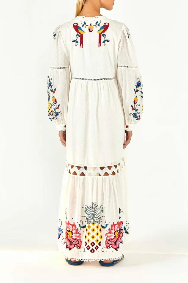 Macaw Cross Stitch Embroidered Maxi Dress Women Farm Rio Maxi Dresses