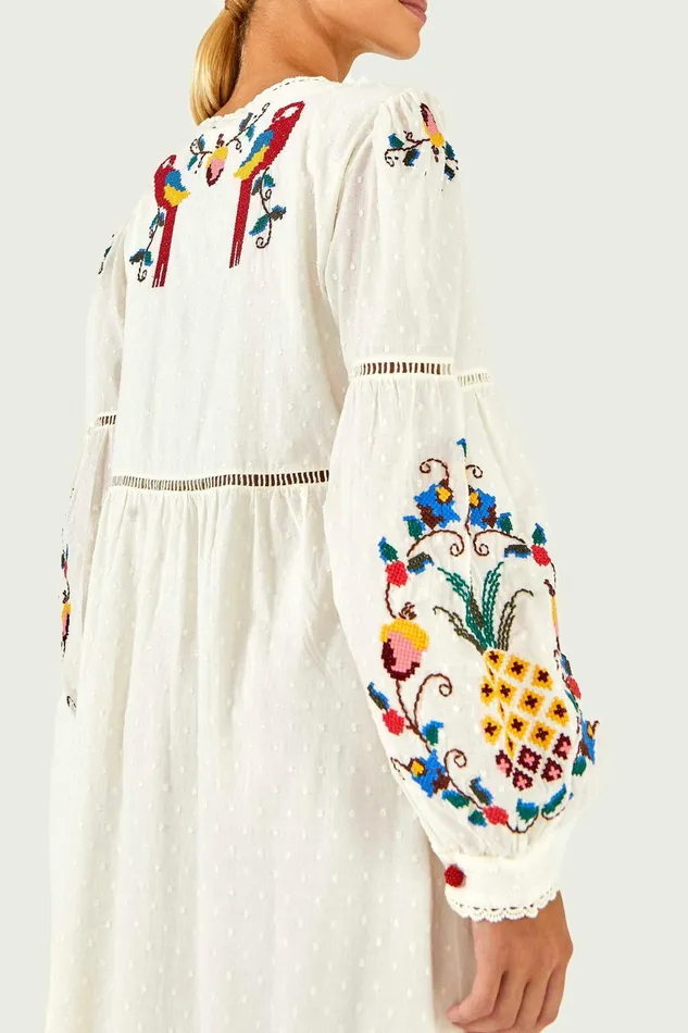 Macaw Cross Stitch Embroidered Maxi Dress Women Farm Rio Maxi Dresses