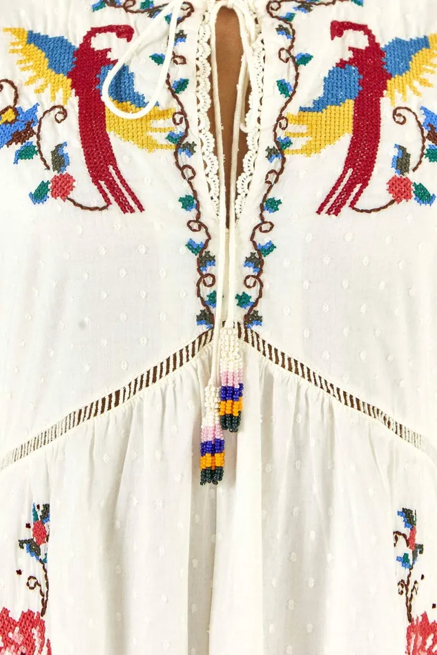 Macaw Cross Stitch Embroidered Maxi Dress Women Farm Rio Maxi Dresses