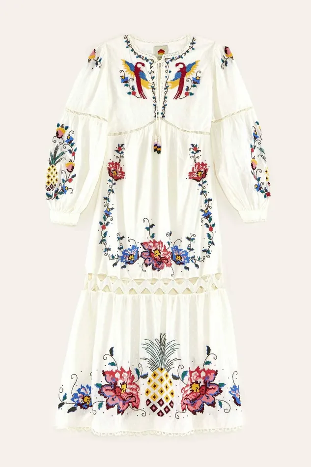 Macaw Cross Stitch Embroidered Maxi Dress Women Farm Rio Maxi Dresses