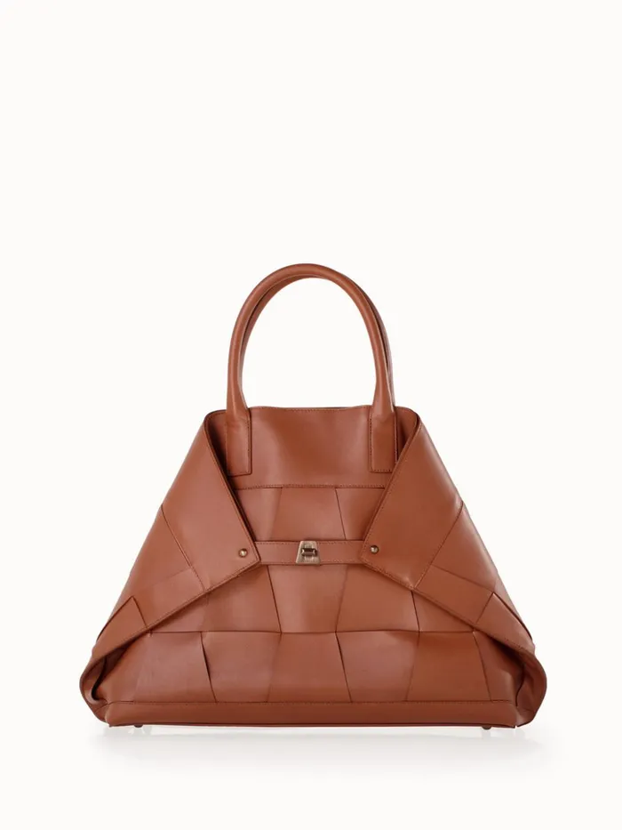 Medium Ai Messenger Bag In Braided Leather Trapezoids Caramel Women Akris Top Handle Bags