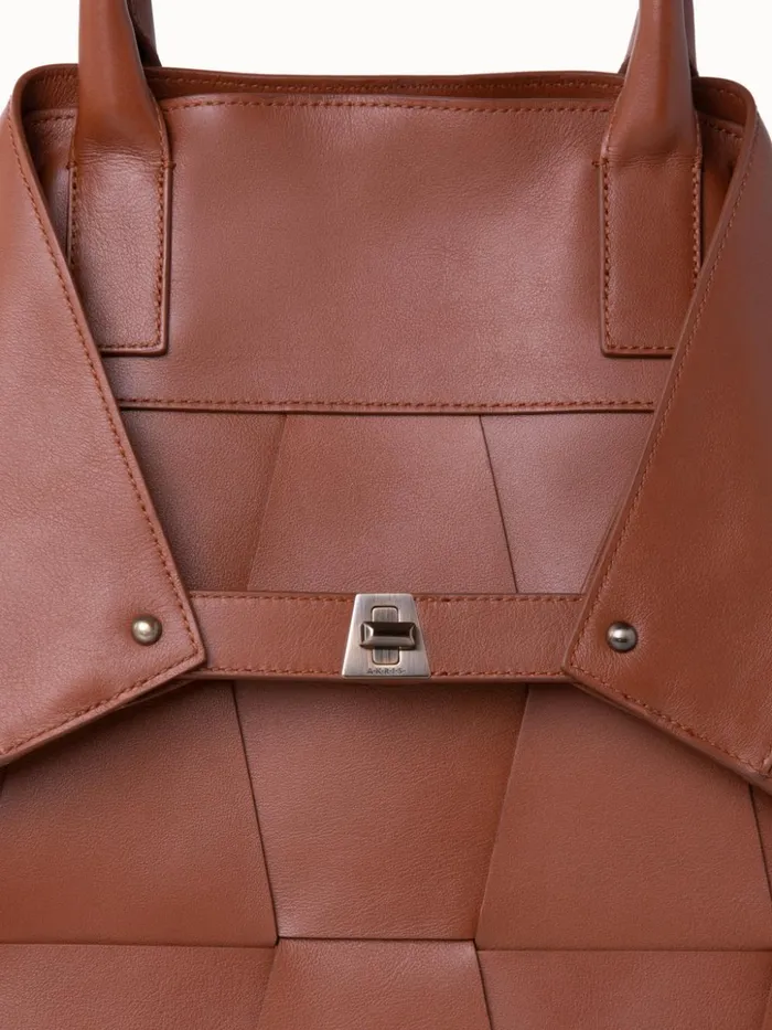 Medium Ai Messenger Bag In Braided Leather Trapezoids Caramel Women Akris Top Handle Bags