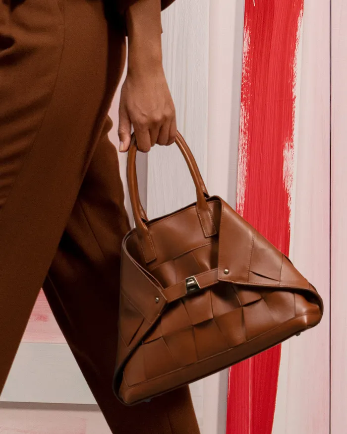 Medium Ai Messenger Bag In Braided Leather Trapezoids Caramel Women Akris Top Handle Bags