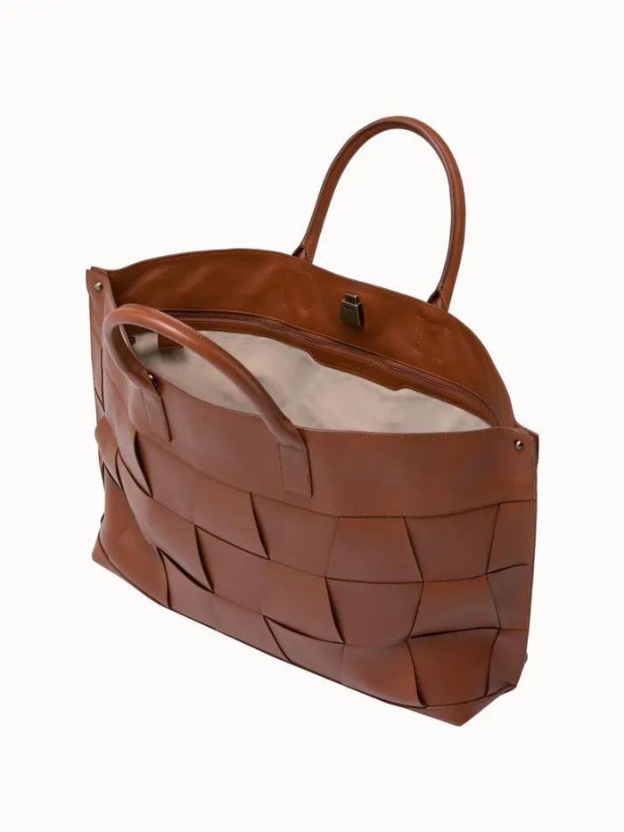 Medium Ai Messenger Bag In Braided Leather Trapezoids Caramel Women Akris Top Handle Bags