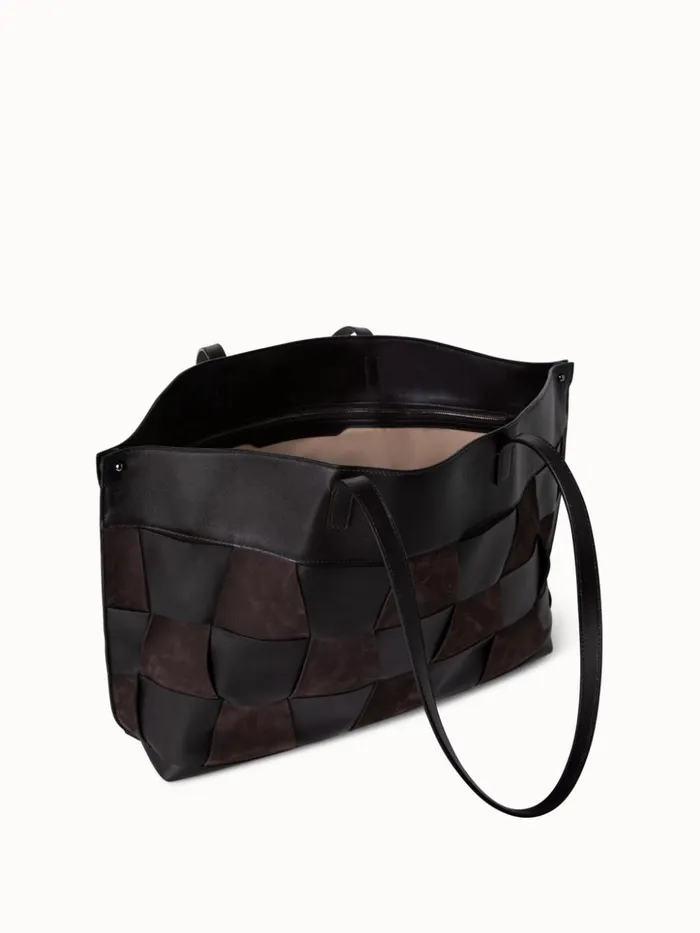 Medium Ai Shoulder Bag In Braided Leather And Nubuck Trapezoids Mocca Women Akris Shoulder Bags