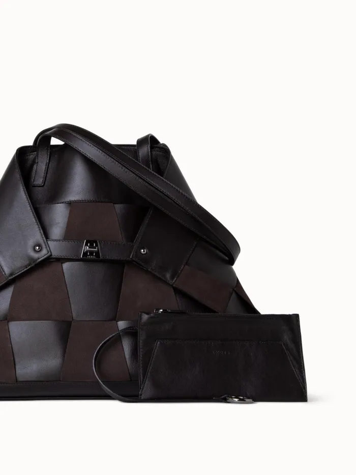 Medium Ai Shoulder Bag In Braided Leather And Nubuck Trapezoids Mocca Women Akris Shoulder Bags